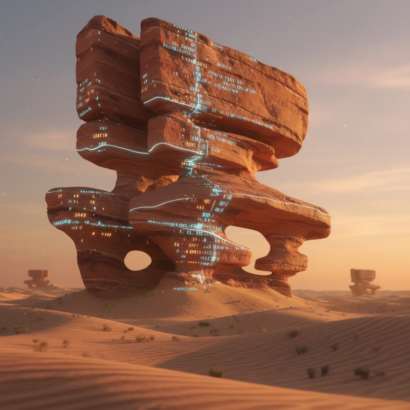 A massive, abstract sandstone monolith with glowing digital jackpot numbers